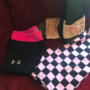 Under Armor Cropped Yoga Pants/ Checked Forever 21 shorts/ VS slides